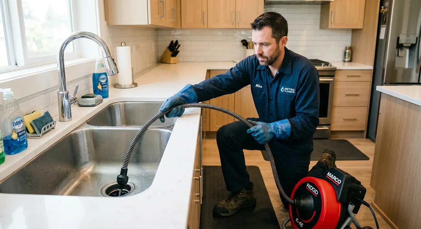 Drain cleaning technician using a motorized snake on a kitchen sink in Mount Rainier