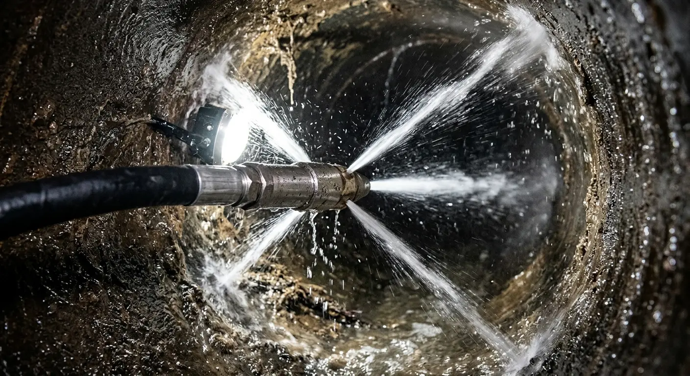 High-pressure hydro jetting nozzle cleaning sewer pipe for Trenchless Sewer Repair in Mount Rainier