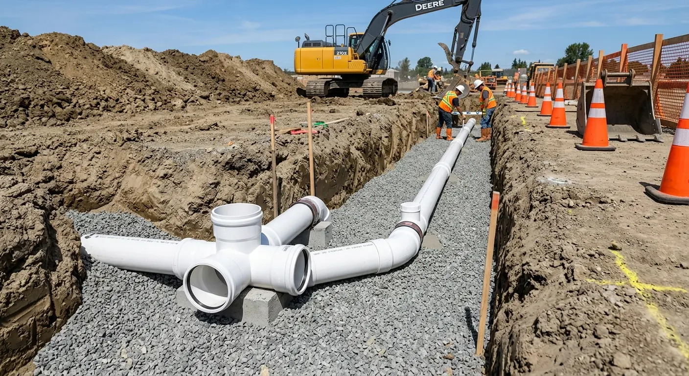 New PVC sewer pipe installation in open trench for Commercial Drain Cleaning in Mount Rainier