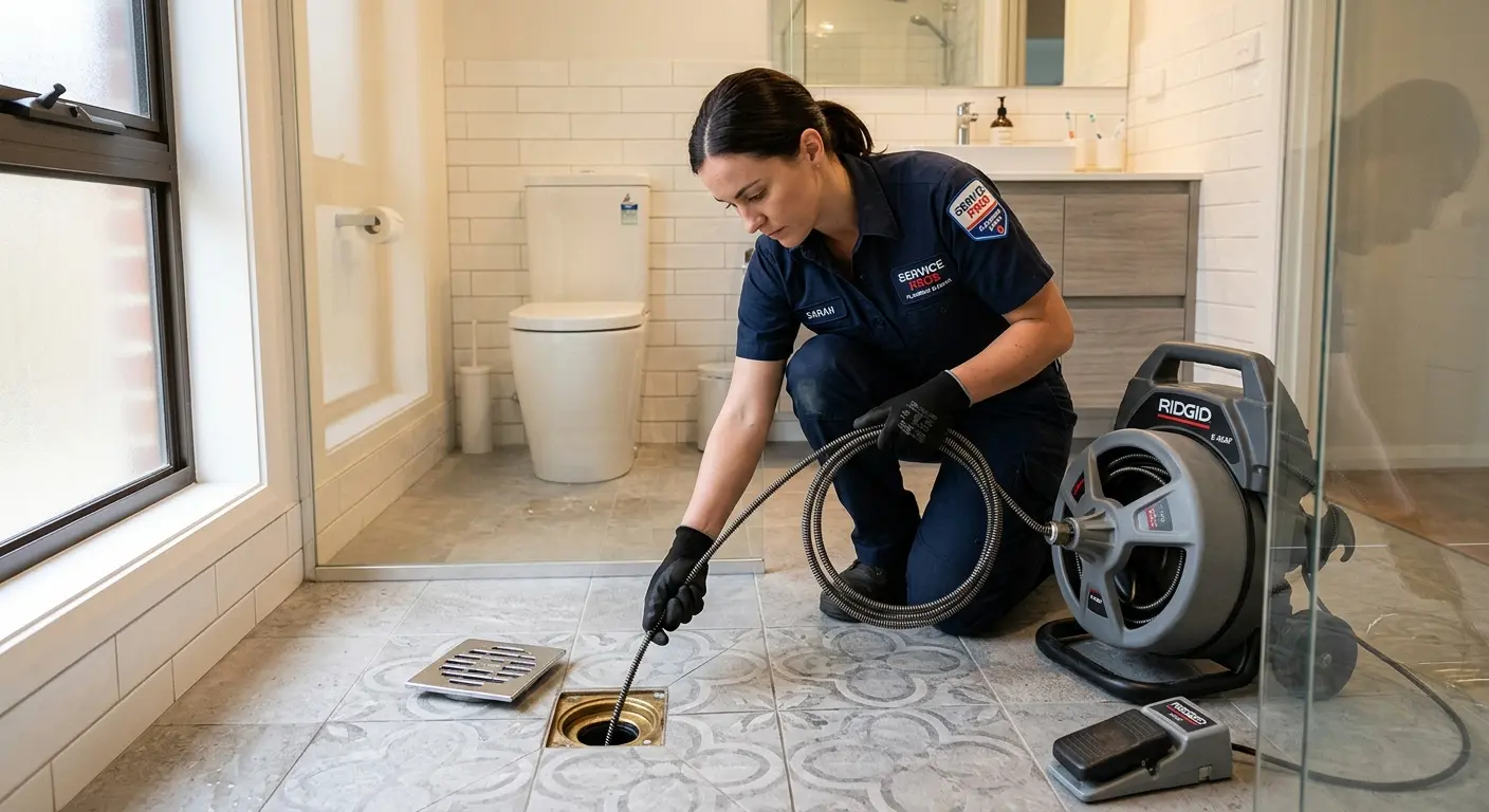 Technician clearing a bathroom floor drain for Drain Cleaning in Mount Rainier